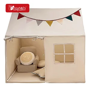 Beige Kids Playhouse Tent, House-Shaped Play Tent with Bunting & Window for Imaginative Play W08L164